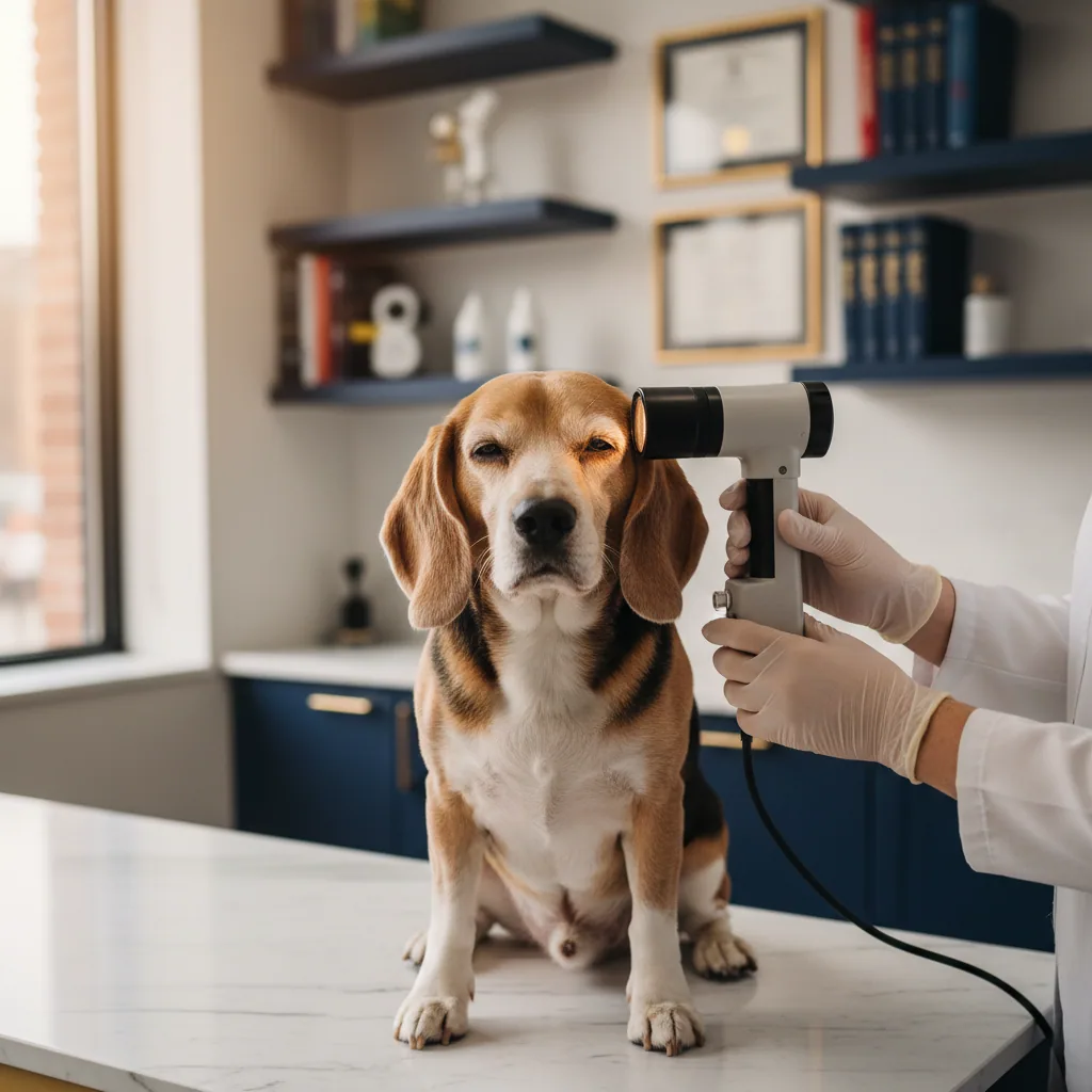 Exame oftalmológico com lâmpada de fenda em cão da raça beagle, predisposta a glaucoma primário, na Olhos Vet Rio
